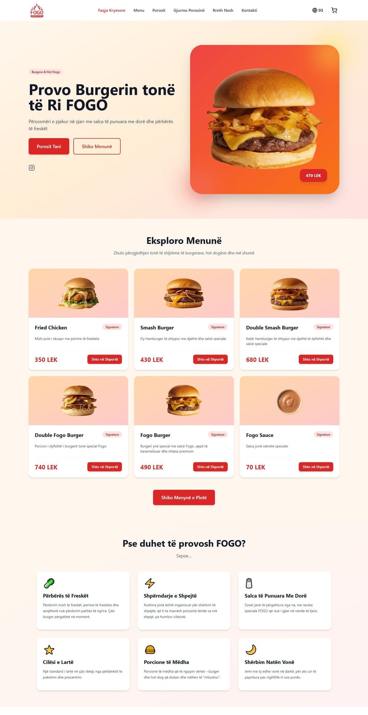 FOGO Burgers & Hot Dogs: Porosi online + panel i brendshëm